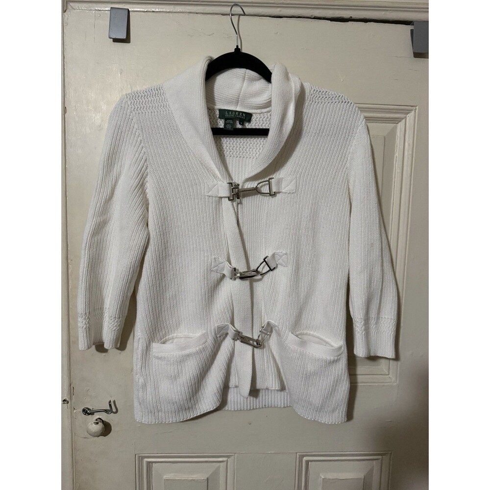 Lauren Ralph Lauren White Cotton Toggle Zip Cardigan Sweater Women’s Medium